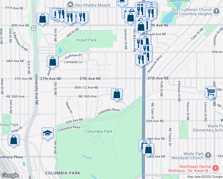 map of restaurants, bars, coffee shops, grocery stores, and more near 740 36th 1/2 Avenue Northeast in Minneapolis