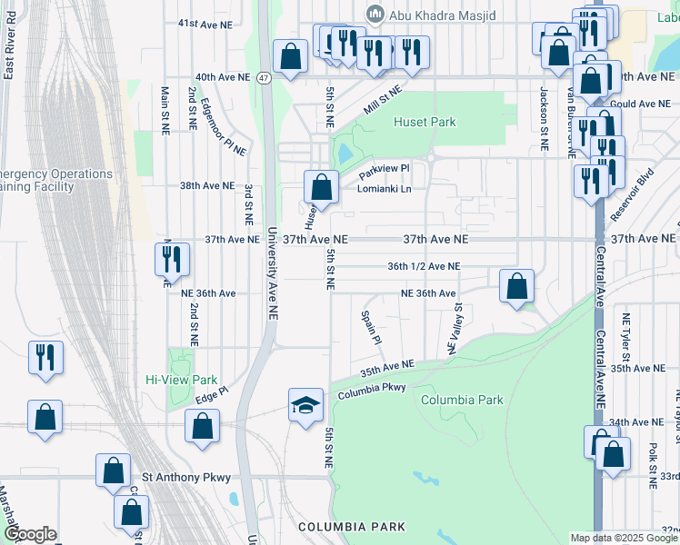map of restaurants, bars, coffee shops, grocery stores, and more near 506 36th 1/2 Avenue Northeast in Minneapolis