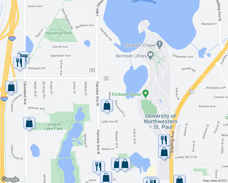 map of restaurants, bars, coffee shops, grocery stores, and more near 3075 Shorewood Lane in Roseville