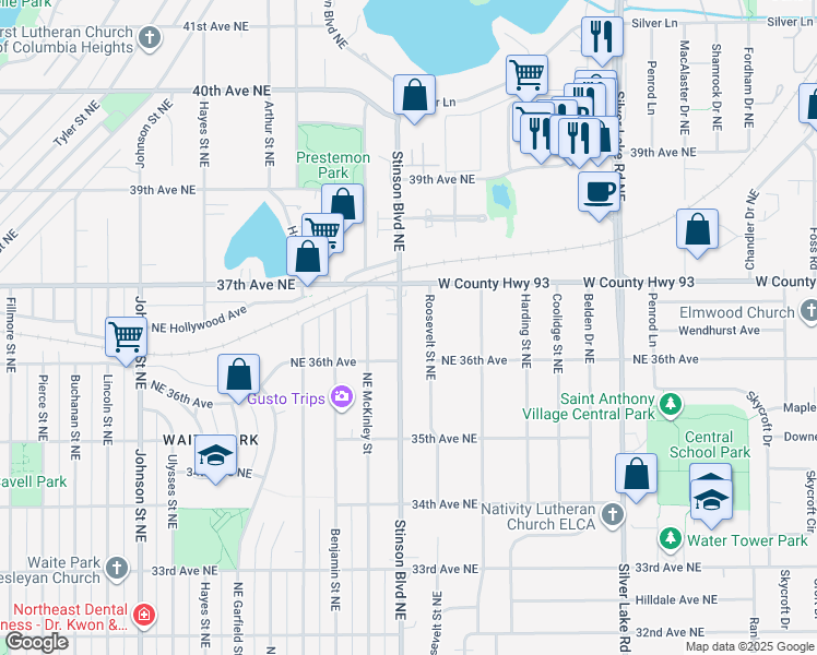map of restaurants, bars, coffee shops, grocery stores, and more near 3625 Northeast Stinson Boulevard in Minneapolis