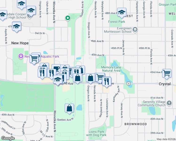 map of restaurants, bars, coffee shops, grocery stores, and more near 4219 Oregon Avenue North in New Hope