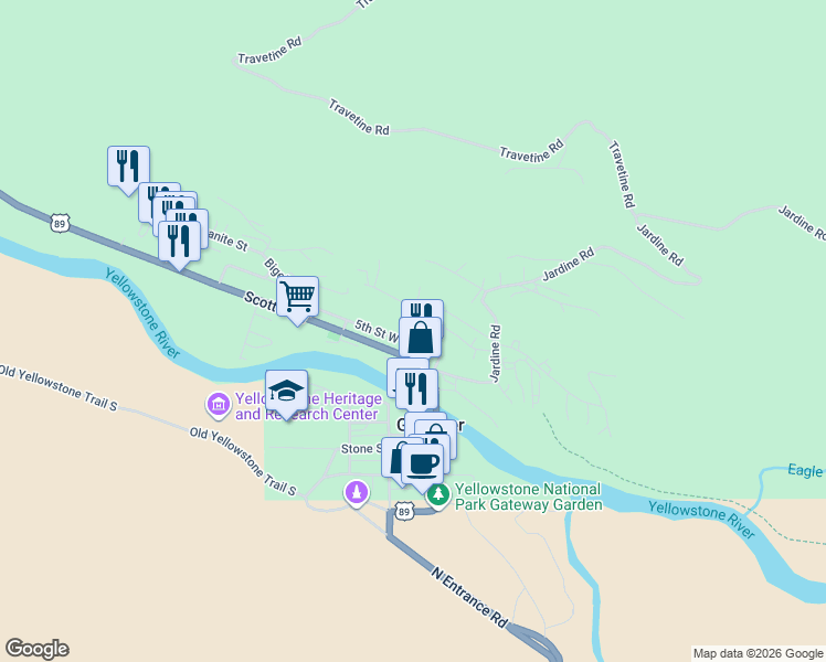 map of restaurants, bars, coffee shops, grocery stores, and more near 406 Scott Street West in Gardiner