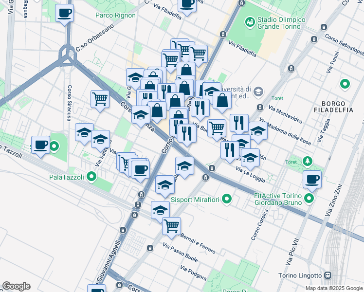 map of restaurants, bars, coffee shops, grocery stores, and more near 28 Corso Cosenza in Torino