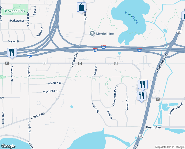 map of restaurants, bars, coffee shops, grocery stores, and more near 3079 Walter Street in Saint Paul