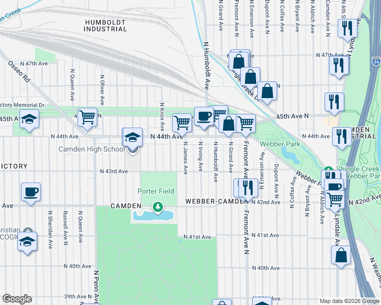 map of restaurants, bars, coffee shops, grocery stores, and more near 4339 North Irving Avenue in Minneapolis