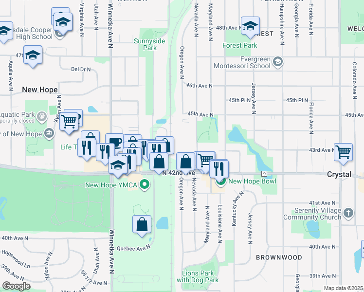 map of restaurants, bars, coffee shops, grocery stores, and more near 4225 Nevada Avenue North in Minneapolis
