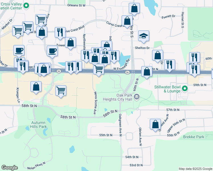 map of restaurants, bars, coffee shops, grocery stores, and more near 5899 Nova Scotia Avenue in Stillwater
