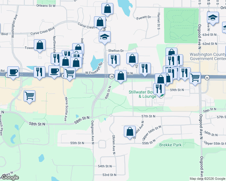 map of restaurants, bars, coffee shops, grocery stores, and more near 14151 60th Street North in Stillwater
