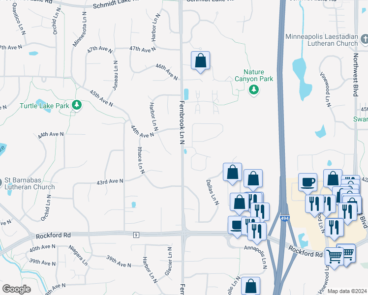 map of restaurants, bars, coffee shops, grocery stores, and more near 14264 43rd Avenue North in Plymouth