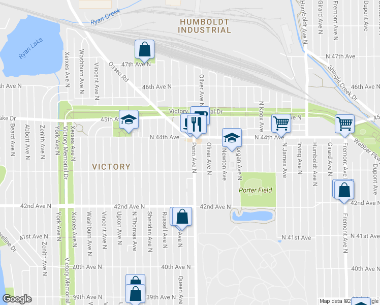 map of restaurants, bars, coffee shops, grocery stores, and more near 4339 North Penn Avenue in Minneapolis