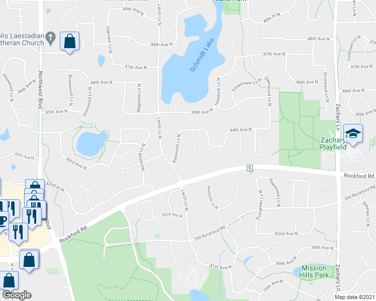map of restaurants, bars, coffee shops, grocery stores, and more near 4345 Jonquil Lane North in Plymouth