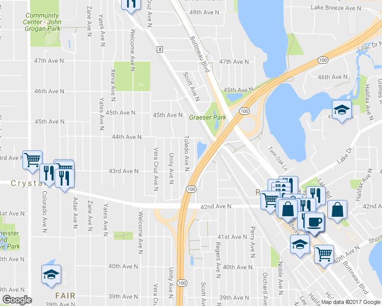 map of restaurants, bars, coffee shops, grocery stores, and more near 4336 Toledo Avenue North in Minneapolis