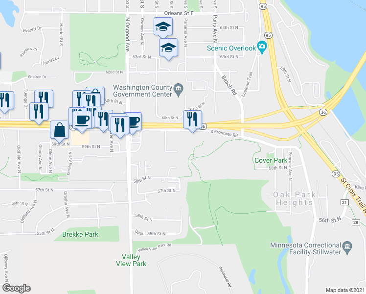 map of restaurants, bars, coffee shops, grocery stores, and more near 5853 Oxboro Avenue North in Stillwater