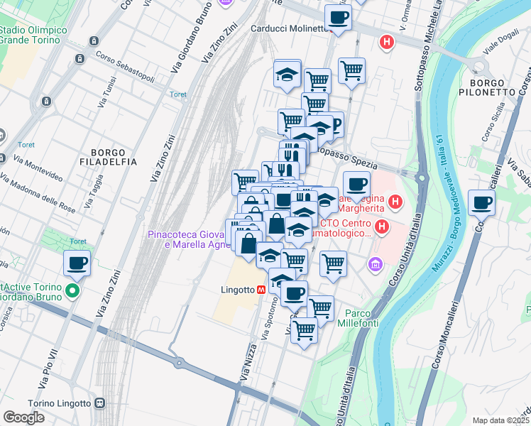 map of restaurants, bars, coffee shops, grocery stores, and more near 230 Via Nizza in Torino