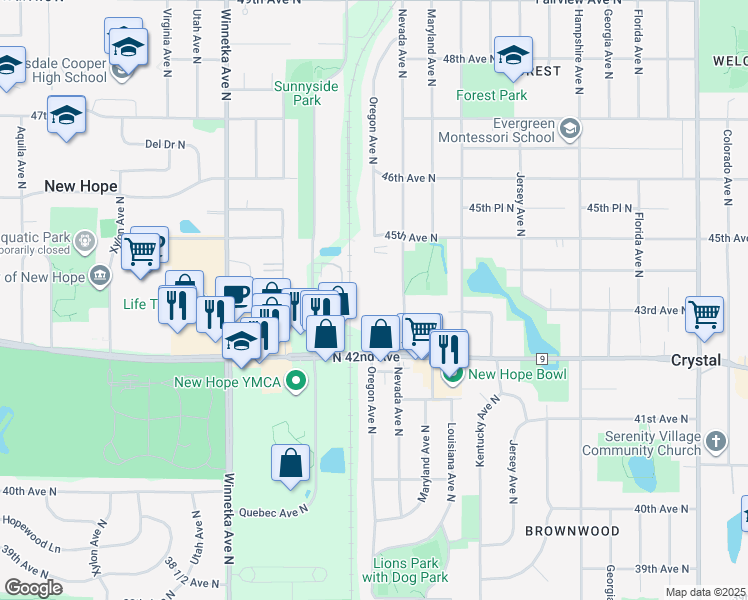 map of restaurants, bars, coffee shops, grocery stores, and more near 4225 Nevada Avenue North in Minneapolis