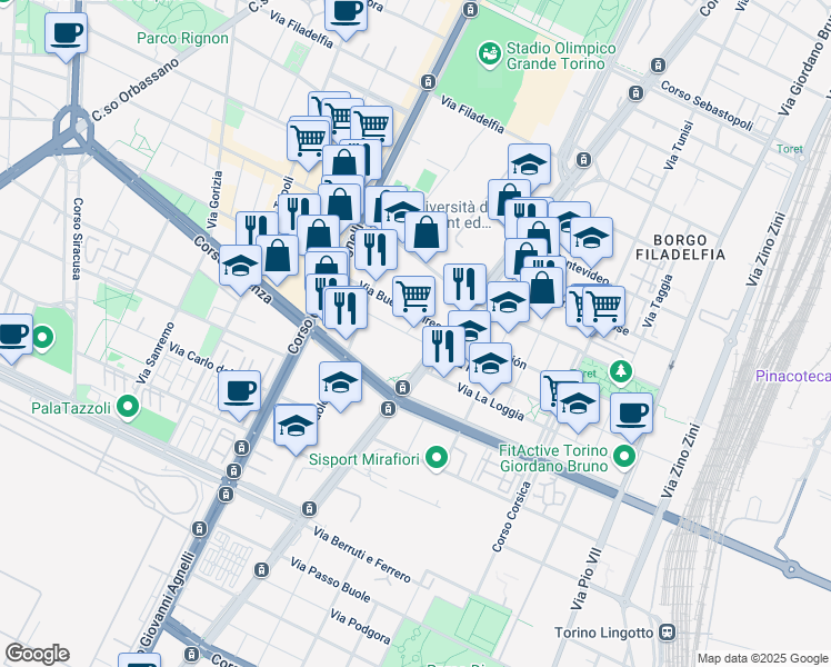 map of restaurants, bars, coffee shops, grocery stores, and more near 1 Via Buenos Aires in Torino