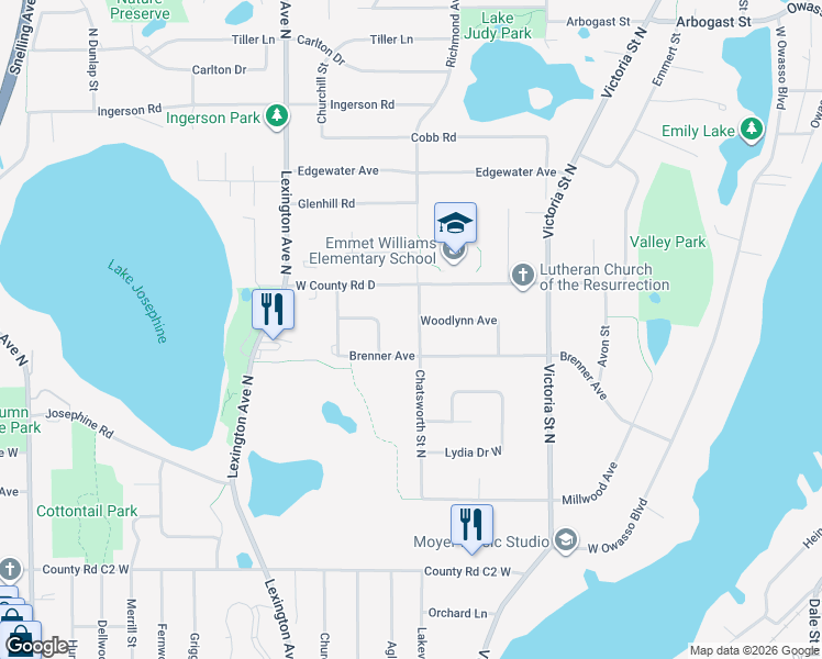 map of restaurants, bars, coffee shops, grocery stores, and more near 3081 Chatsworth Street North in Roseville