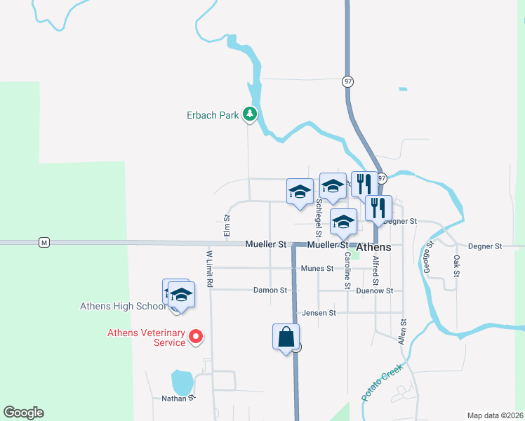 map of restaurants, bars, coffee shops, grocery stores, and more near 301 Washington St in Athens