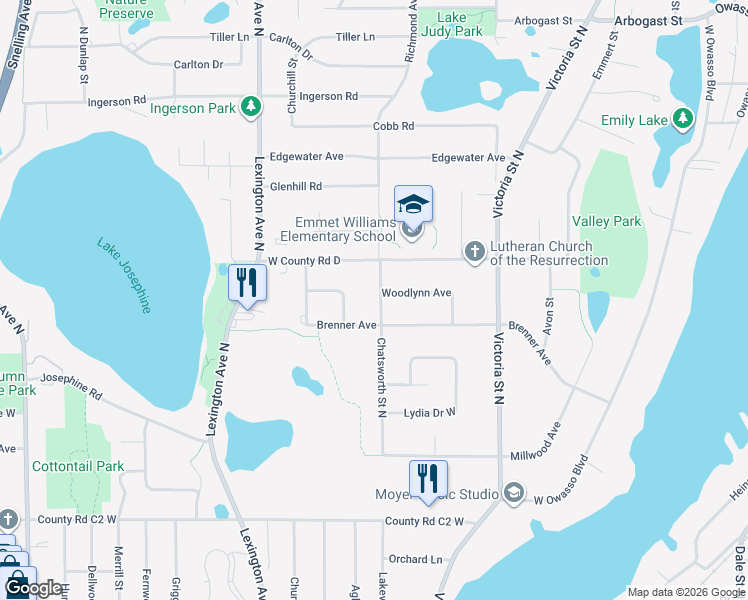 map of restaurants, bars, coffee shops, grocery stores, and more near 3081 Chatsworth Street North in Roseville