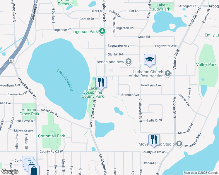 map of restaurants, bars, coffee shops, grocery stores, and more near 3076 Lexington Avenue North in Roseville