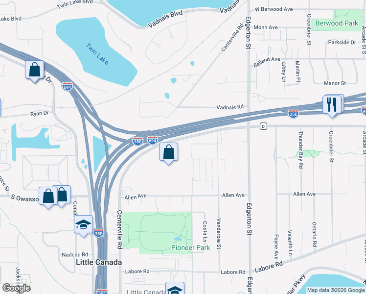 map of restaurants, bars, coffee shops, grocery stores, and more near 414 County Road D East in Saint Paul