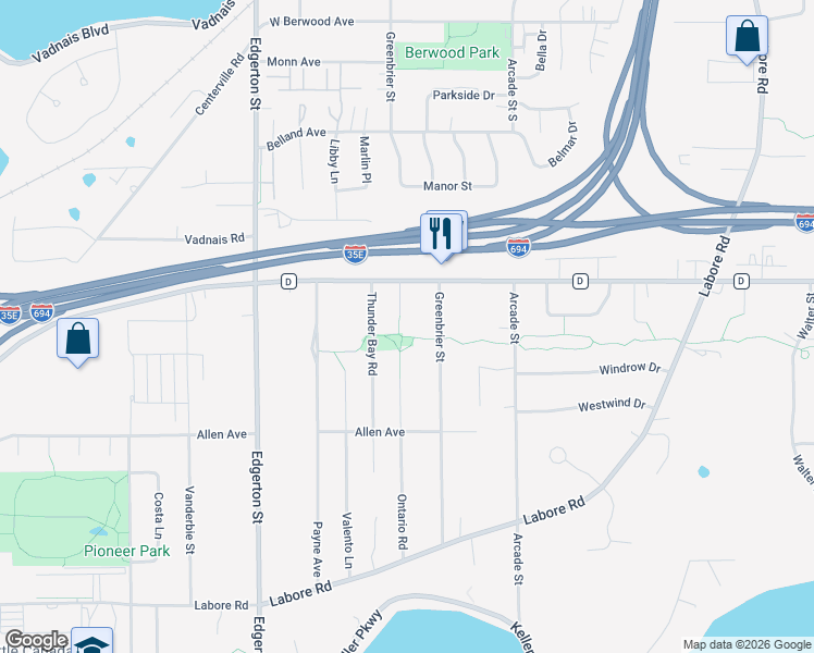 map of restaurants, bars, coffee shops, grocery stores, and more near 3078 Ontario Road in Little Canada