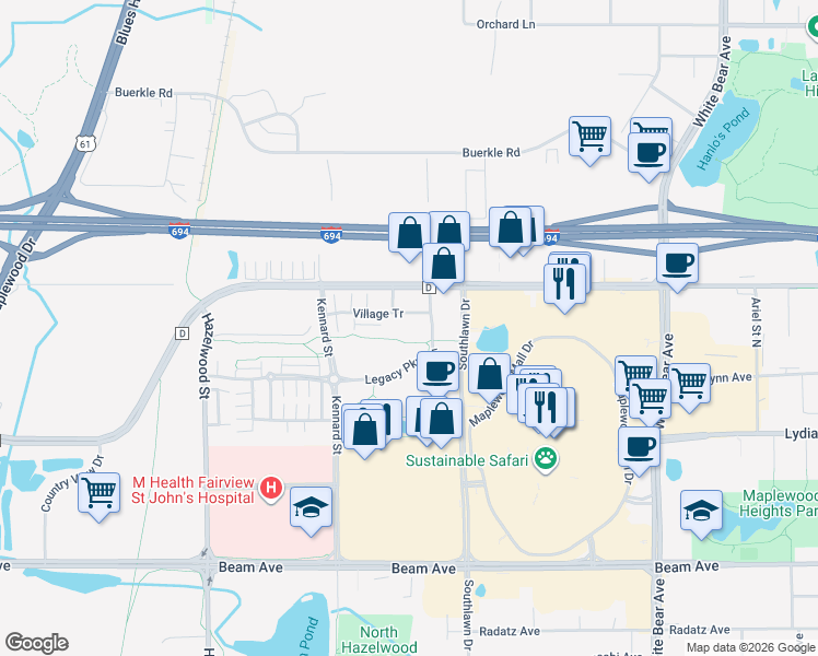 map of restaurants, bars, coffee shops, grocery stores, and more near 1750 Village Tr in Maplewood