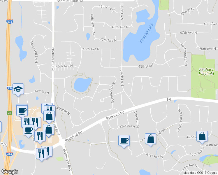 map of restaurants, bars, coffee shops, grocery stores, and more near 12405 44th Avenue North in Minneapolis