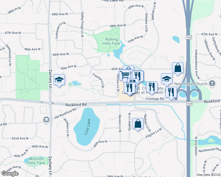 map of restaurants, bars, coffee shops, grocery stores, and more near 4300 Trenton Lane North in Plymouth