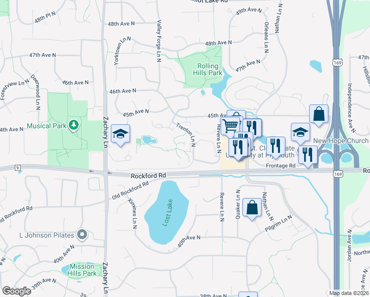 map of restaurants, bars, coffee shops, grocery stores, and more near 4385 Trenton Lane North in Plymouth