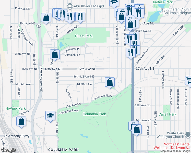 map of restaurants, bars, coffee shops, grocery stores, and more near 706 36th 1/2 Avenue Northeast in Minneapolis
