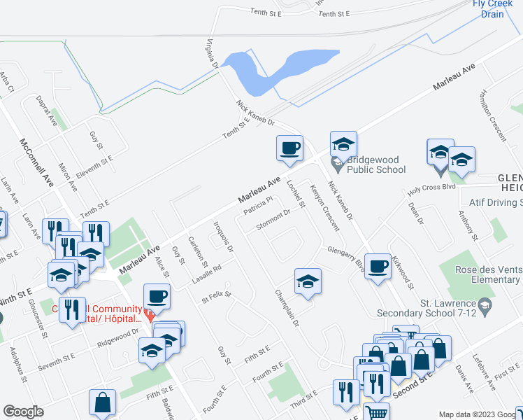 map of restaurants, bars, coffee shops, grocery stores, and more near 1328 Patricia Place in Cornwall