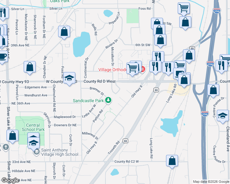 map of restaurants, bars, coffee shops, grocery stores, and more near 2453 Brenner Street in Roseville