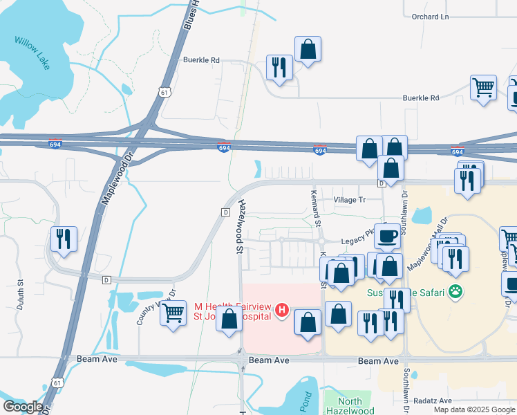 map of restaurants, bars, coffee shops, grocery stores, and more near 3090 Hazelwood Street in Maplewood
