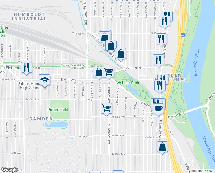 map of restaurants, bars, coffee shops, grocery stores, and more near 4326 North Fremont Avenue in Minneapolis