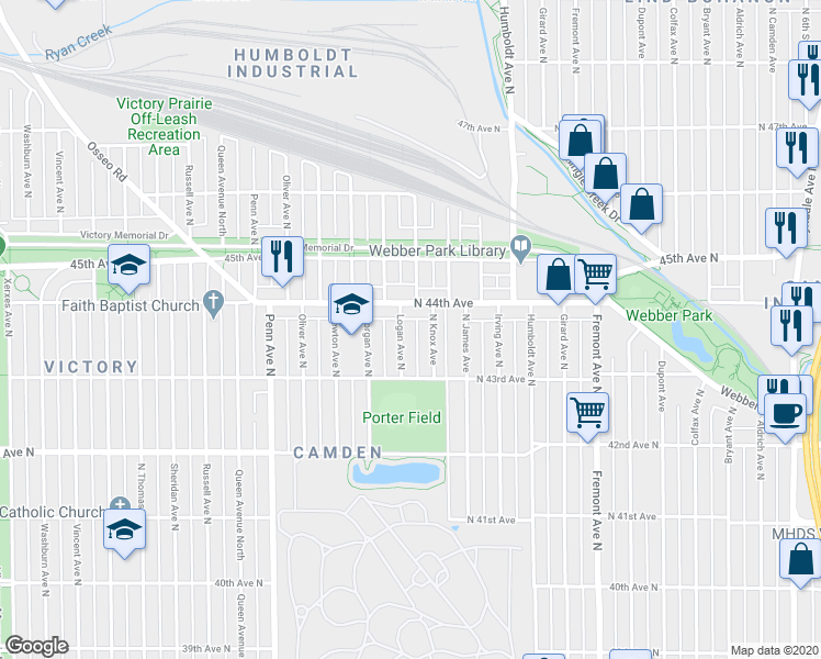 map of restaurants, bars, coffee shops, grocery stores, and more near 4338 Logan Avenue North in Minneapolis