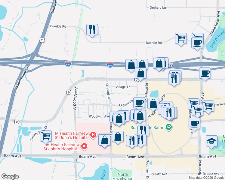 map of restaurants, bars, coffee shops, grocery stores, and more near 1670 Village Tr in Maplewood