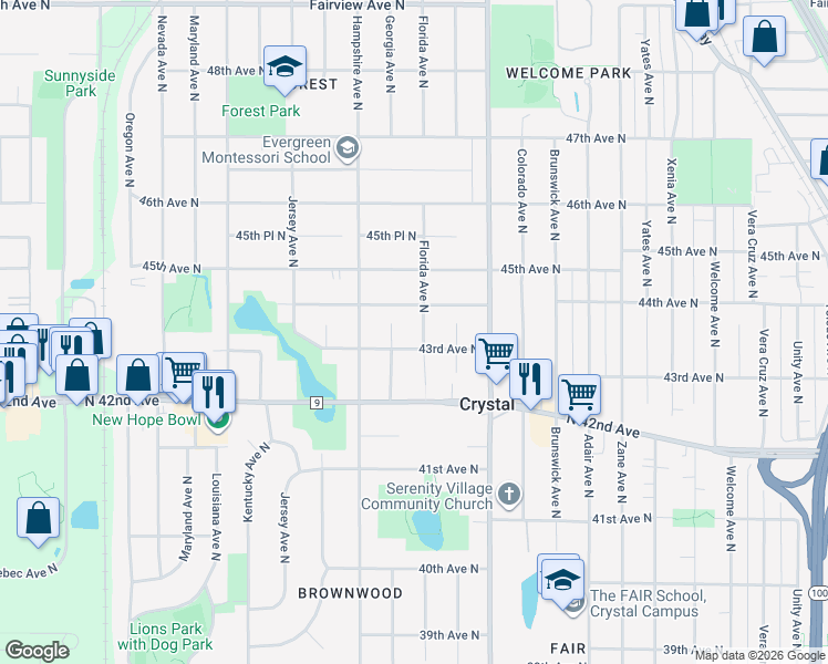 map of restaurants, bars, coffee shops, grocery stores, and more near 4301 Florida Avenue North in Minneapolis