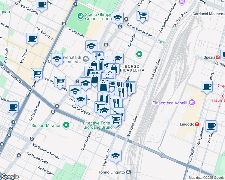 map of restaurants, bars, coffee shops, grocery stores, and more near 135 Via Tunisi in Torino