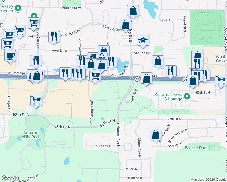 map of restaurants, bars, coffee shops, grocery stores, and more near 5948 Oakgreen Avenue North in Stillwater