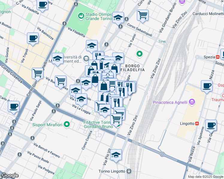 map of restaurants, bars, coffee shops, grocery stores, and more near 135 Via Tunisi in Torino