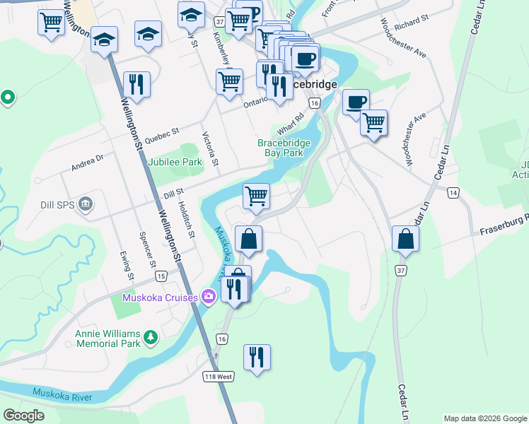 map of restaurants, bars, coffee shops, grocery stores, and more near 190 Ecclestone Drive in Bracebridge