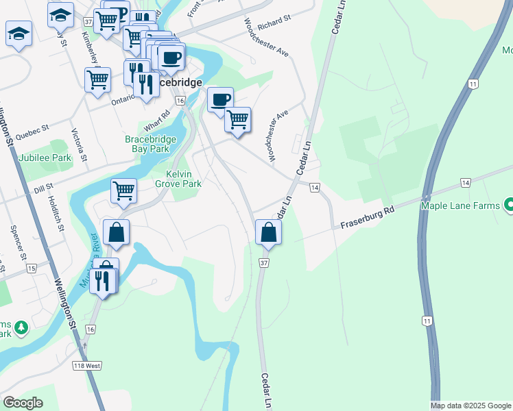 map of restaurants, bars, coffee shops, grocery stores, and more near 25 Alexandra Street in Bracebridge