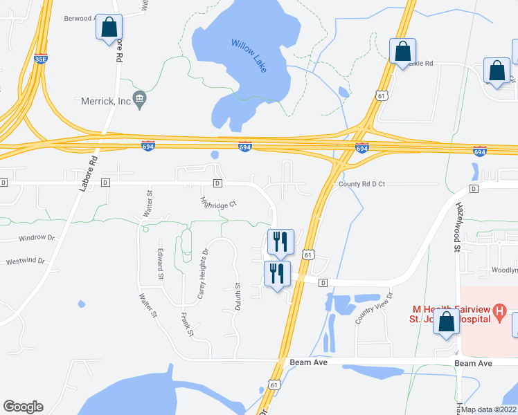 map of restaurants, bars, coffee shops, grocery stores, and more near 1240 County Road D East in Maplewood