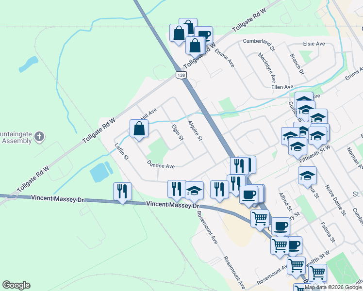 map of restaurants, bars, coffee shops, grocery stores, and more near 768 Dewhurst Avenue in Cornwall