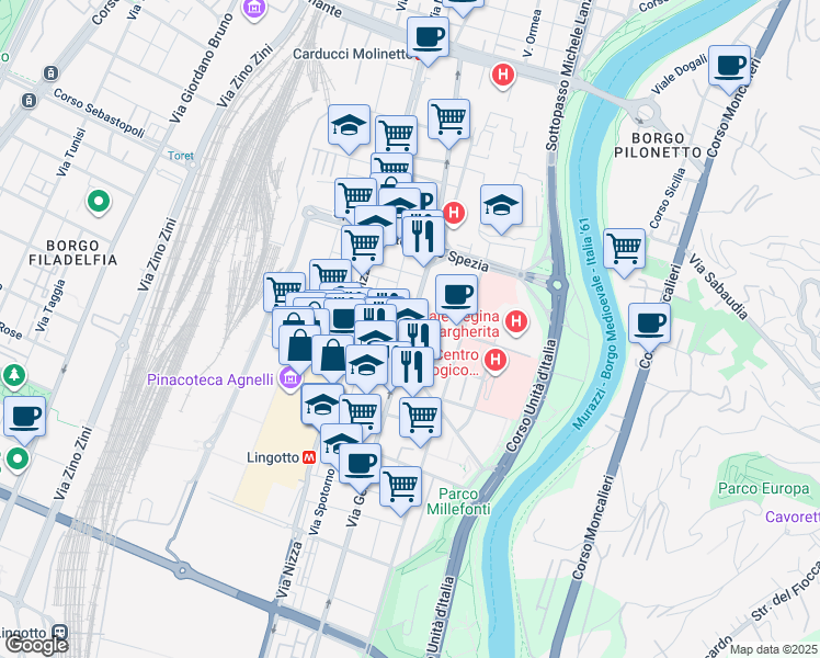 map of restaurants, bars, coffee shops, grocery stores, and more near 25 Via Casimiro Sperino in Turin