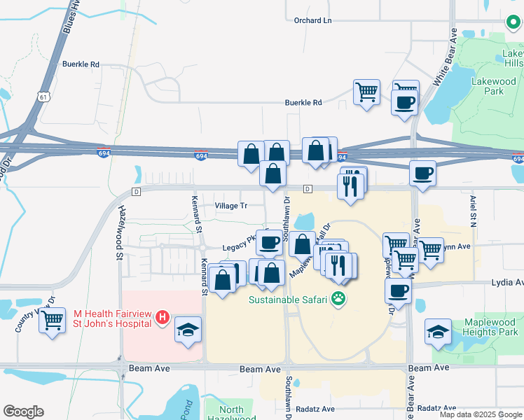 map of restaurants, bars, coffee shops, grocery stores, and more near 26 Bittersweet Lane in Maplewood