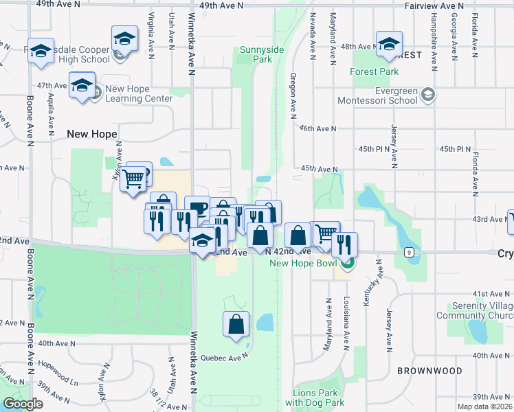 map of restaurants, bars, coffee shops, grocery stores, and more near 4300 Quebec Avenue North in Minneapolis