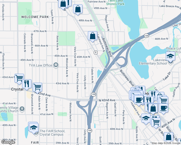 map of restaurants, bars, coffee shops, grocery stores, and more near 4336 Toledo Avenue North in Minneapolis