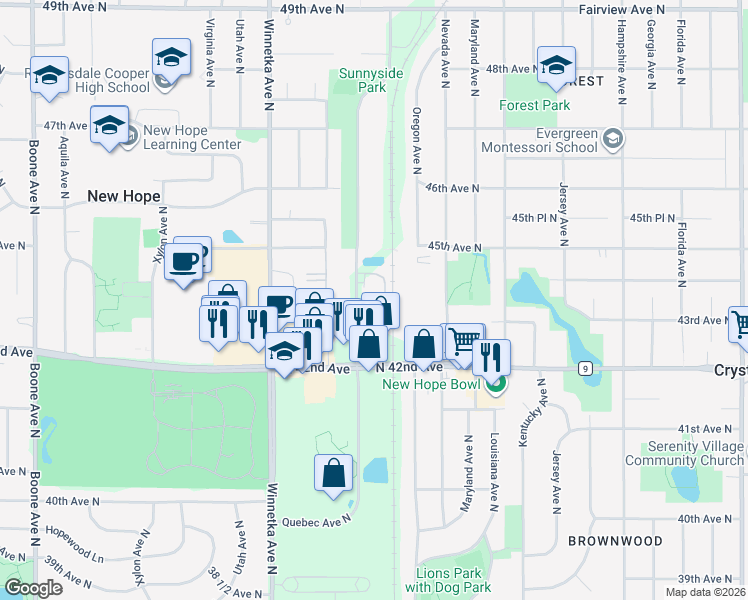map of restaurants, bars, coffee shops, grocery stores, and more near 4300 Quebec Avenue North in Minneapolis